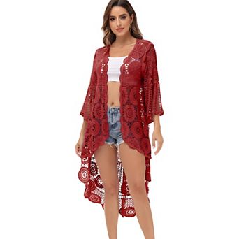 Women's Crochet Boho Kimono Swim Cover-Up