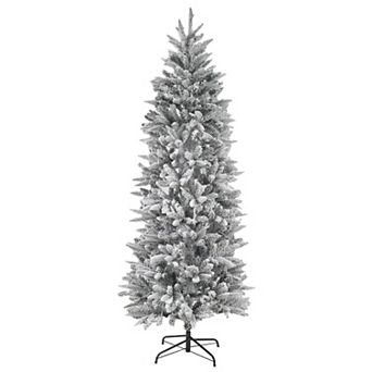 LuxenHome Pre-lit 7ft Artificial Flocked Christmas Tree With Metal Stand