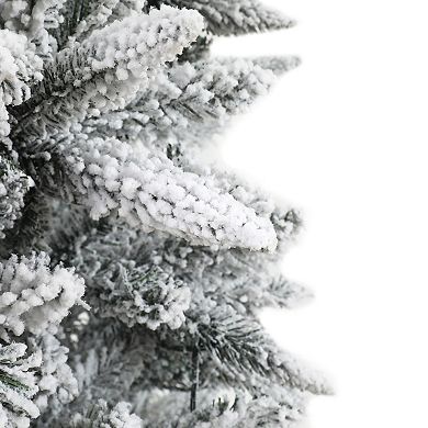 LuxenHome Pre-lit 7ft Artificial Flocked Christmas Tree With Metal Stand