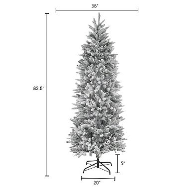 LuxenHome Pre-lit 7ft Artificial Flocked Christmas Tree With Metal Stand