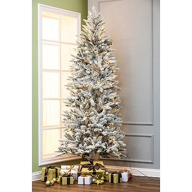 LuxenHome Pre-lit 7ft Artificial Flocked Christmas Tree With Metal Stand