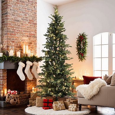 LuxenHome 7ft Pre-lit Artificial Slim Fir Christmas Tree With Metal Stand