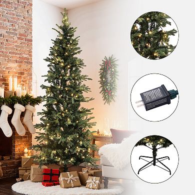 LuxenHome 7ft Pre-lit Artificial Slim Fir Christmas Tree With Metal Stand