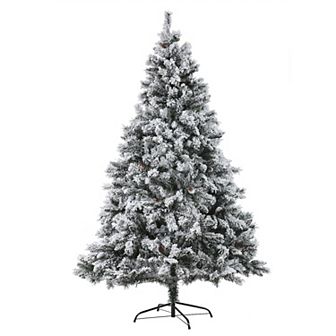 LuxenHome 7ft Pre-lit Artificial Flocked Full Pine Christmas Tree With Pinecones