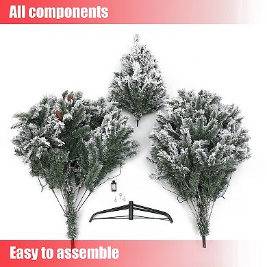 LuxenHome 7ft Pre-lit Artificial Flocked Full Pine Christmas Tree With Pinecones