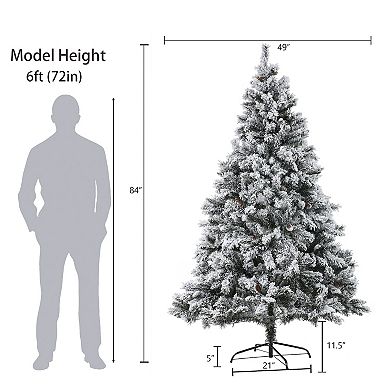 LuxenHome 7ft Pre-lit Artificial Flocked Full Pine Christmas Tree With Pinecones