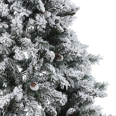 LuxenHome 7ft Pre-lit Artificial Flocked Full Pine Christmas Tree With Pinecones