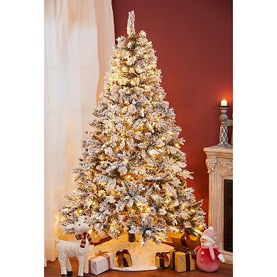 LuxenHome 7ft Pre-lit Artificial Flocked Full Pine Christmas Tree With Pinecones