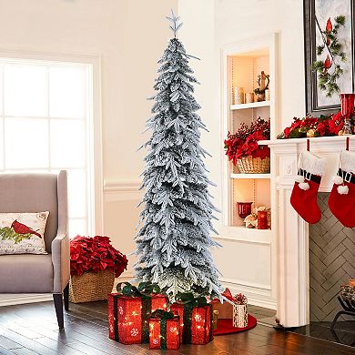 LuxenHome 6.8ft Pencil Slim Artificial Snow-flocked Christmas Tree