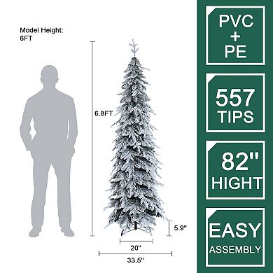 LuxenHome 6.8ft Pencil Slim Artificial Snow-flocked Christmas Tree