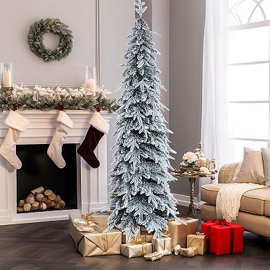 LuxenHome 6.8ft Pencil Slim Artificial Snow-flocked Christmas Tree