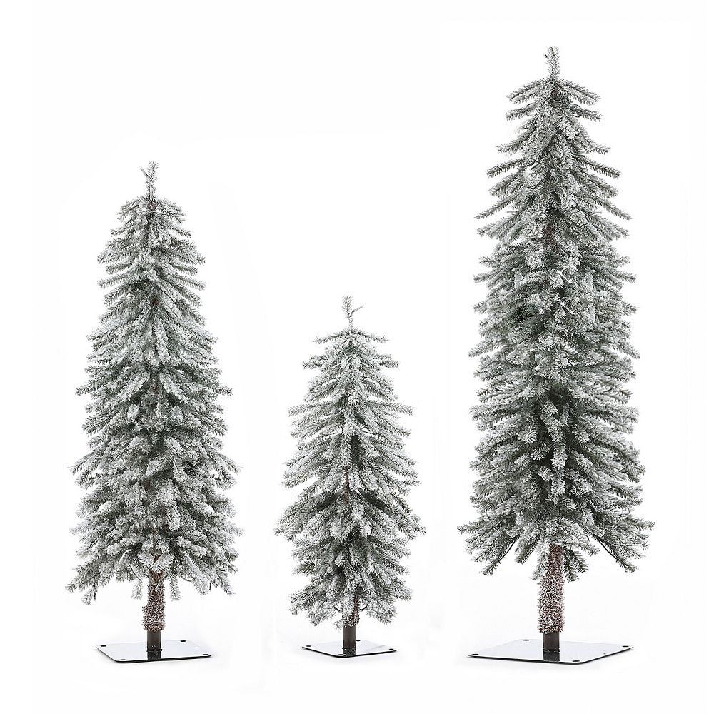 LuxenHome Set Of 3 Pre-lit Flocked Fir Slim Artificial Christmas Trees