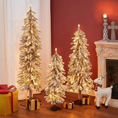 LuxenHome Set Of 3 Pre-lit Flocked Fir Slim Artificial Christmas Trees