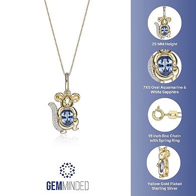 Gemminded 2 Micron Gold Over Silver Lab-Created Aquamarine & Lab-Created White Sapphire Mouse Pendant Necklace