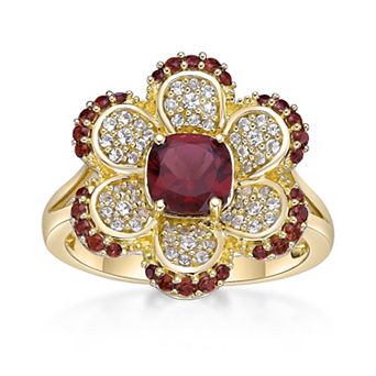 Gemminded 2 Micron Gold Over Silver Garnet & Lab-Created White Sapphire Flower Ring