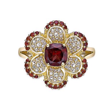Gemminded 2 Micron Gold Over Silver Garnet & Lab-Created White Sapphire Flower Ring
