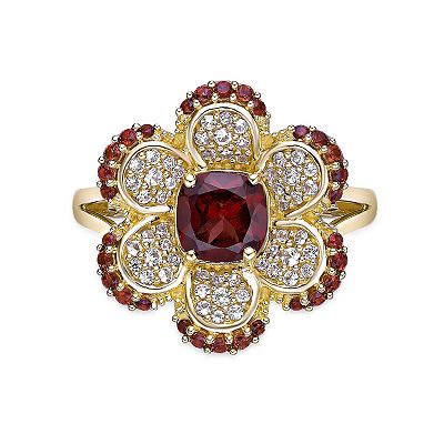 Gemminded 2 Micron Gold Over Silver Garnet Lab Created White Sapphire Flower Ring
