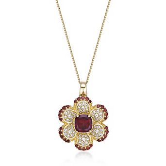 Gemminded 2 Micron Gold Over Silver Garnet & Lab-Created White Sapphire Flower Pendant Necklace