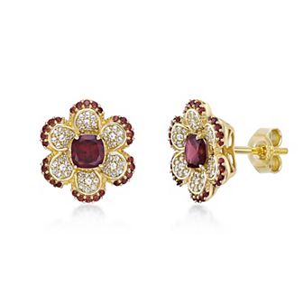 Gemminded 2 Micron Gold Over Silver Garnet & Lab-Created White Sapphire Flower Earrings