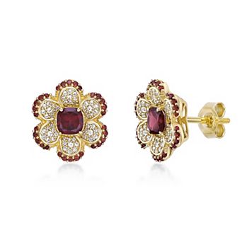 Gemminded 2 Micron Gold Over Silver Garnet & Lab-Created White Sapphire Flower Earrings