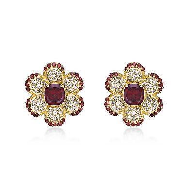 Gemminded 2 Micron Gold Over Silver Garnet & Lab-Created White Sapphire Flower Earrings