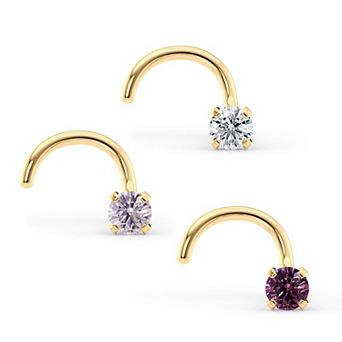 Lila Moon 14k Gold Purple & White Cubic Zirconia Curved Nose Studs Trio