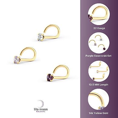 Lila Moon 14k Gold Purple & White Cubic Zirconia Curved Nose Studs Trio