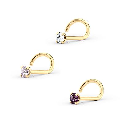 Lila Moon 14k Gold Purple & White Cubic Zirconia Curved Nose Studs Trio
