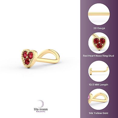 Lila Moon 14K Gold Curved Red Heart Cubic Zirconia Nose Stud