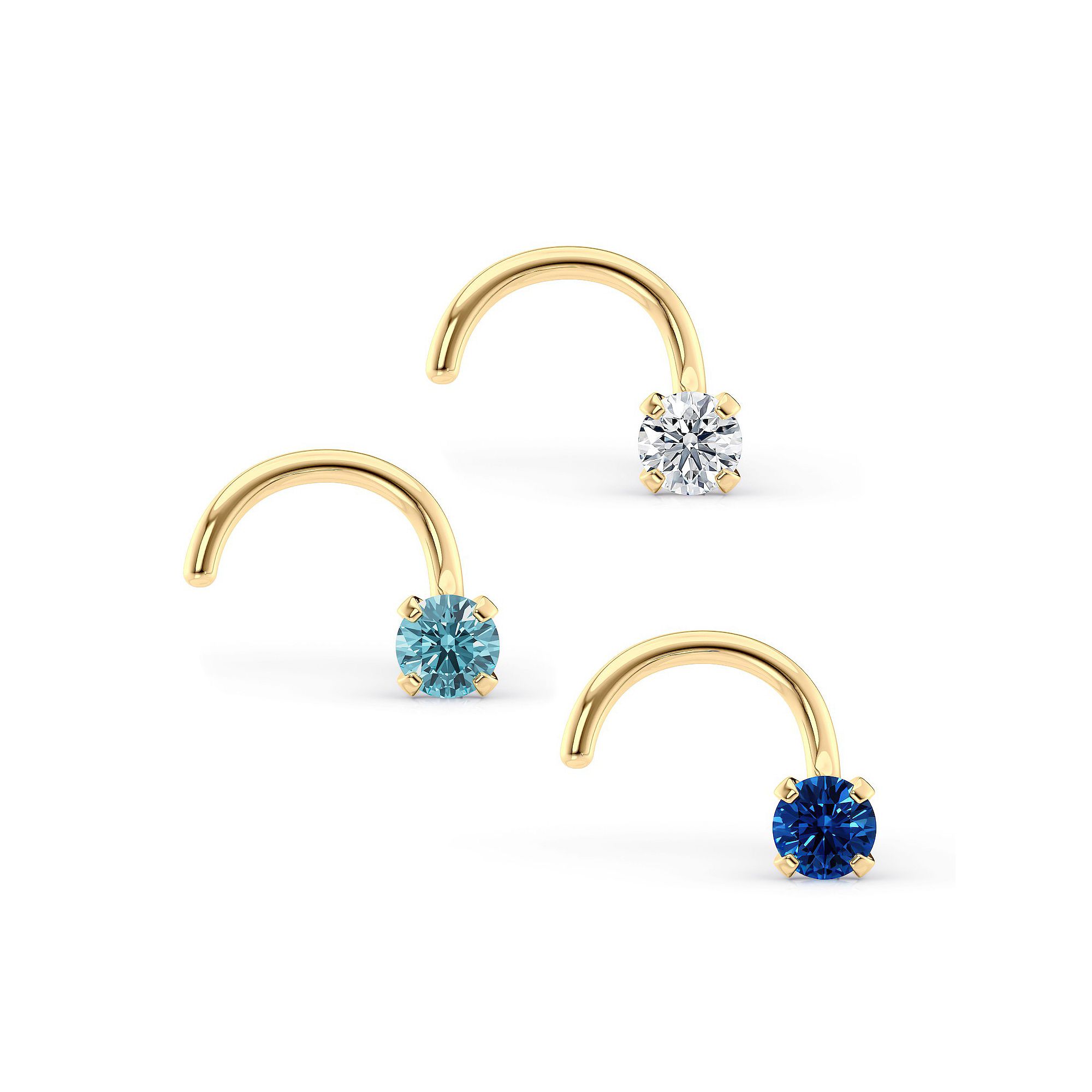 Lila Moon 14k Gold Blue & Clear Cubic Zirconia Curved Nose Studs Trio, Wome