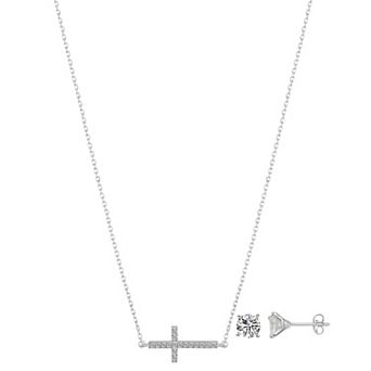 Gratitude & Grace Fine Silver Plated Cubic Zirconia Cross Necklace & Stud Earrings Set