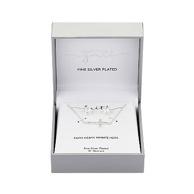 Gratitude & Grace Fine Silver Plated Cubic Zirconia Cross Necklace & Stud Earrings Set