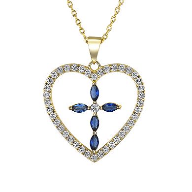 Gratitude & Grace 14k Gold Plated Blue & Clear Cubic Zirconia Cross Heart Pendant Necklace