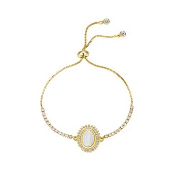 Gratitude & Grace 14k Gold Plated Mother of Pearl Virgin Mary Cubic Zirconia Tennis Adjustable Bracelet