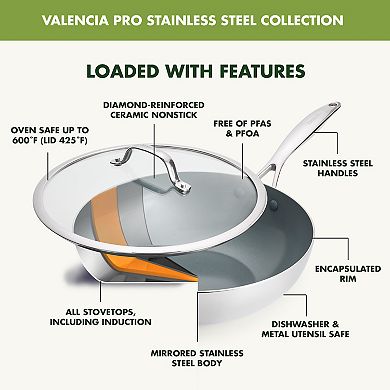 GreenPan Valencia Pro 12-in. Nonstick Stainless Steel Ceramic Wok with Lid & Helper Handle Set