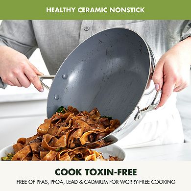 GreenPan Valencia Pro 12-in. Nonstick Stainless Steel Ceramic Wok with Lid & Helper Handle Set