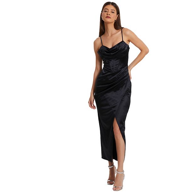Quiz Women s Cowl Front Corset Detail Midi Wrap Dress Black
