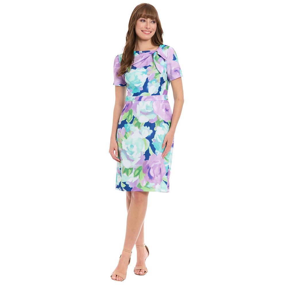 london times women's short-sleeve knit sheath dress London Times Women's Polished Crepe Tie Neck A-Line Dress  Short Sleeve,  Knee-Length, Printed Knit, Size 8 Shown