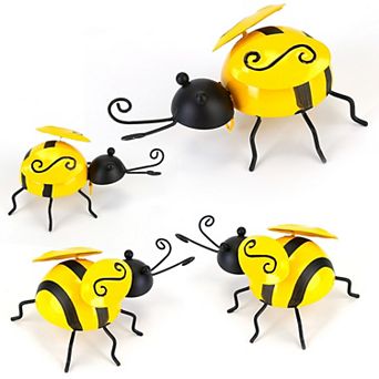 4 pc 3D Bumble Bee Hanging Wall Decor Set, Iron Sculptures for Fence, Lawn, Bar & Living Room