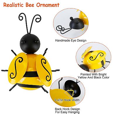 4Pcs 3D Bumble Bee Hanging Wall Decor Set, Iron Sculptures for Fence, Lawn, Bar & Living Room
