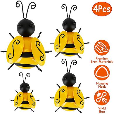4Pcs 3D Bumble Bee Hanging Wall Decor Set, Iron Sculptures for Fence, Lawn, Bar & Living Room