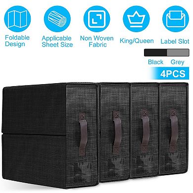 4Pcs Foldable Bed Sheet Storage Organizers with Lids for Bedding, Clothing & Closet