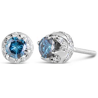 Haus of Brilliance 14k White Gold 1 Carat T.W. Blue & White Diamond Hidden Halo Stud Earrings