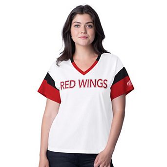 Women's G-III 4Her by Carl Banks White Detroit Red Wings Rink Oversized Rhinestone V-Neck T-Shirt