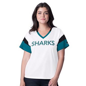 Women's G-III 4Her by Carl Banks White San Jose Sharks Rink Oversized Rhinestone V-Neck T-Shirt