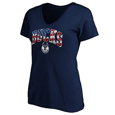Women's Navy Milwaukee Bucks Banner Wave V-Neck T-Shirt