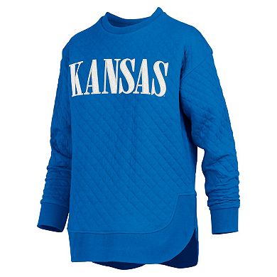 Women's Pressbox Royal Kansas Jayhawks Quilted Long Sleeve Pullover Sweatshirt