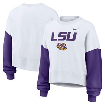 Women's Nike White LSU Tigers Color-Block Oversized Cropped Pullover Sweatshirt