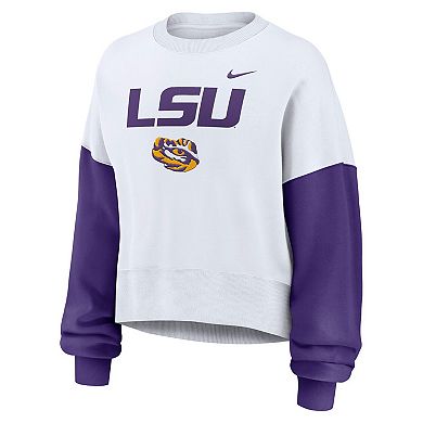 Women's Nike White LSU Tigers Color-Block Oversized Cropped Pullover Sweatshirt