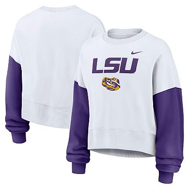 Women's Nike White LSU Tigers Color-Block Oversized Cropped Pullover Sweatshirt